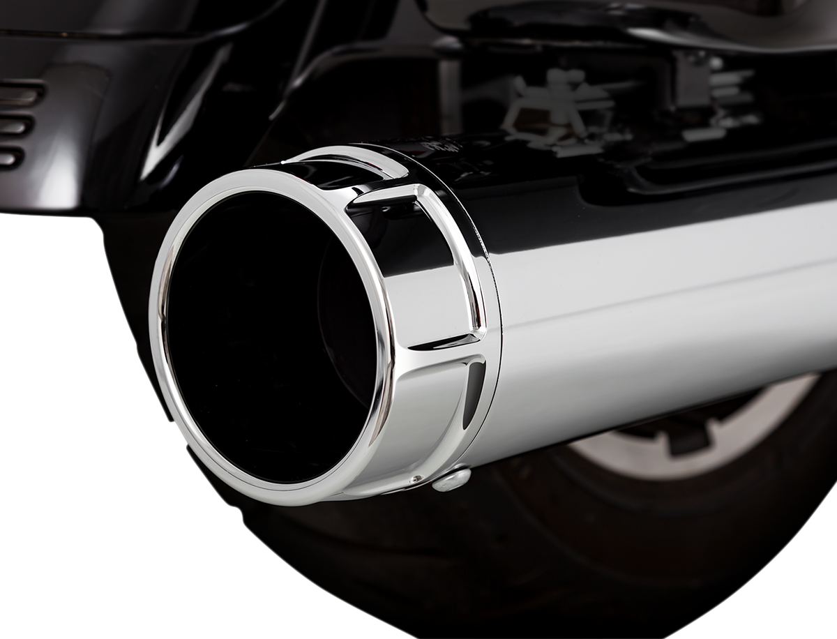 Chrome Vance & Hines 4-1/2 inch Torquer mufflers for Harley FL models (1995-2016), featuring sleek chrome finish.