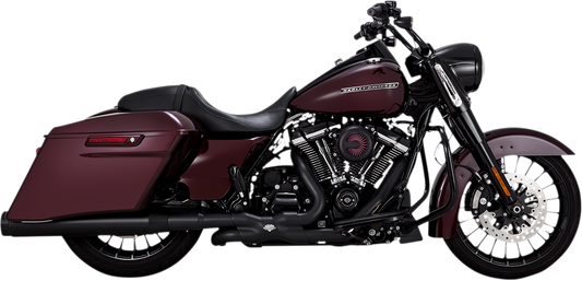 Vance & Hines 4-1/2 inch Torquer mufflers in black for Harley FL 1995-2016, shown installed on motorcycle with chrome accents