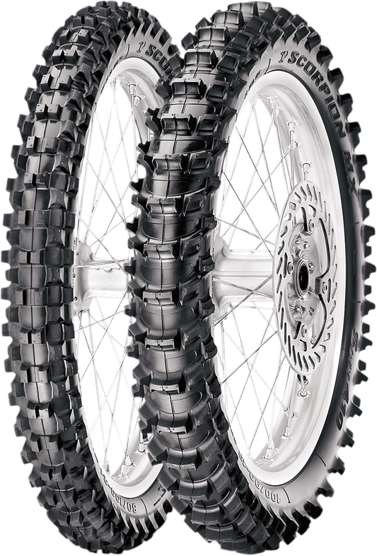 PIRELLI Scorpion MX Soft rear tire 80/100-12 50M for muddy and sandy conditions, featuring aggressive tread for off-road motocross.