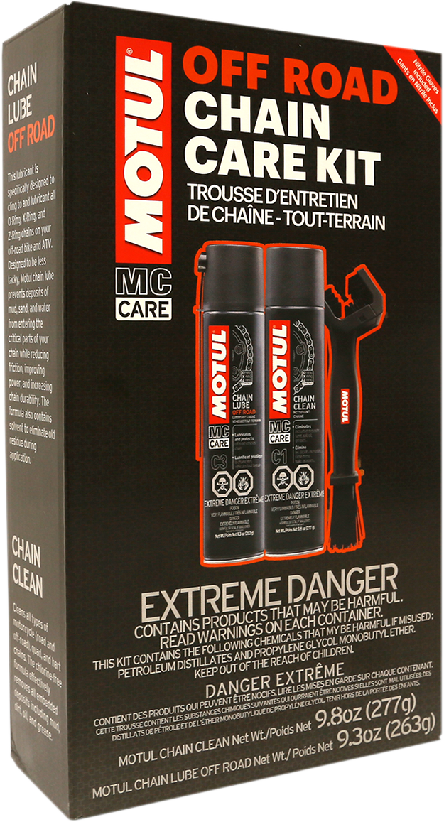 MOTUL Chain Care Kit for off-road and road bikes, including chain cleaner and lubricant, with tools for motorcycle chain maintenance.