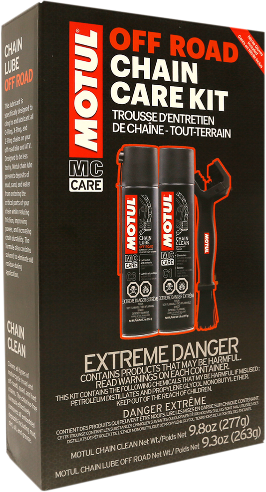 MOTUL Chain Care Kit for off-road and road bikes, including chain cleaner and lubricant, with tools for motorcycle chain maintenance.