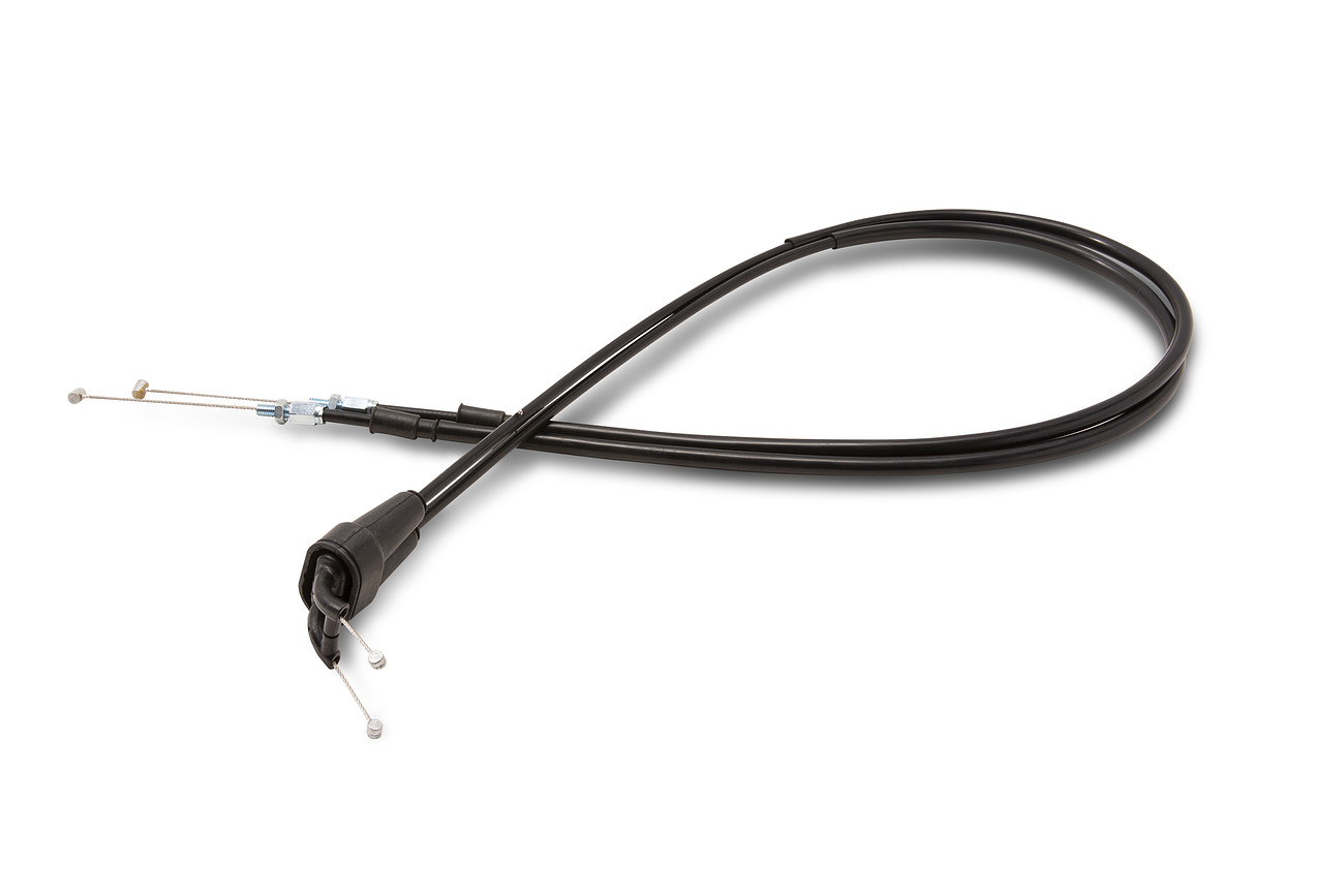 Motion Pro black vinyl throttle cable push-pull set for KTM and Husqvarna motorcycles, featuring durable construction and precise fit.