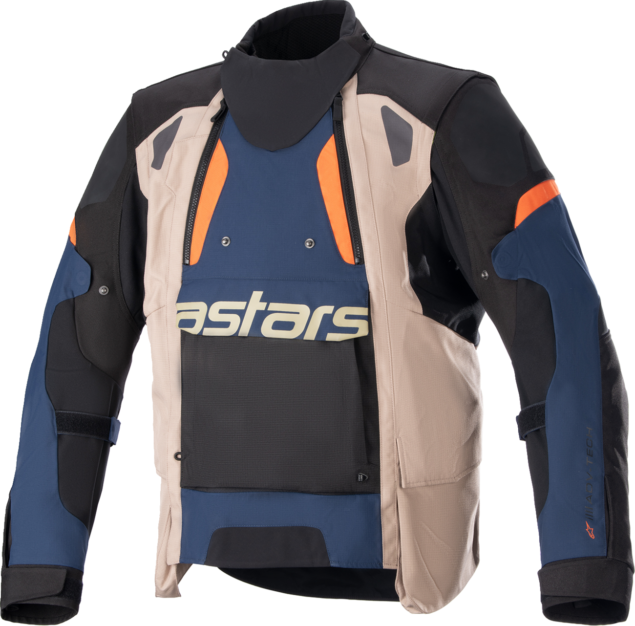 Alpinestars Halo Drystar® motorcycle jacket in blue, black, and orange, size 2XL, featuring protective design and waterproof material.