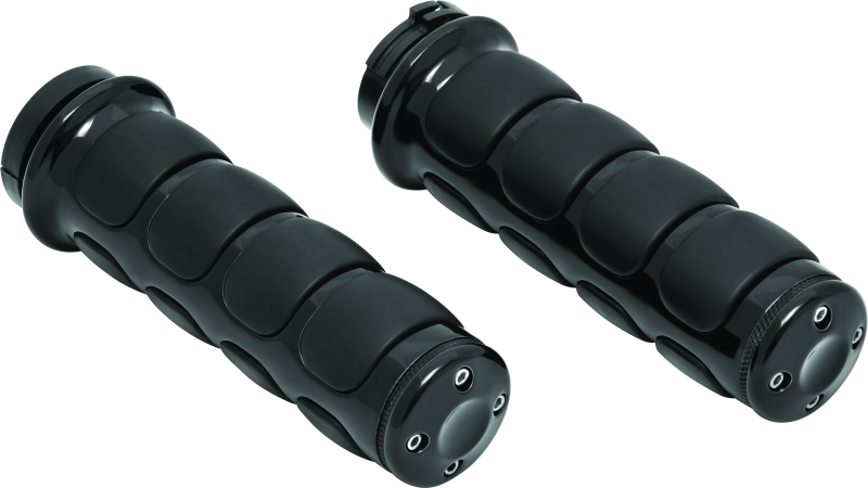 Black Kuryakyn ISO motorcycle grips without throttle boss for dual cable applications, showing textured rubber surface and mounting hardware.