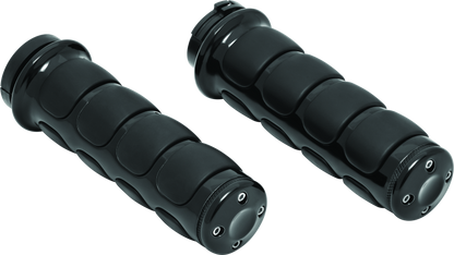 Black Kuryakyn ISO motorcycle grips without throttle boss for dual cable applications, showing textured rubber surface and mounting hardware.