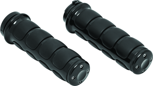 Black Kuryakyn ISO motorcycle grips without throttle boss for dual cable applications, showing textured rubber surface and mounting hardware.