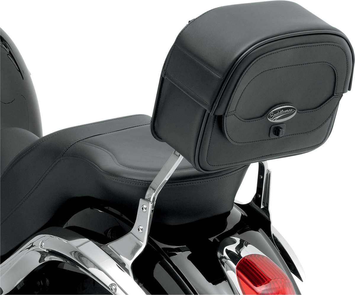 Black SADDLEMEN Large Cruis'n Sissy Bar Bag attached to motorcycle seat, designed for durability and style.