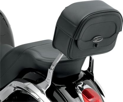 Black SADDLEMEN Large Cruis'n Sissy Bar Bag attached to motorcycle seat, designed for durability and style.
