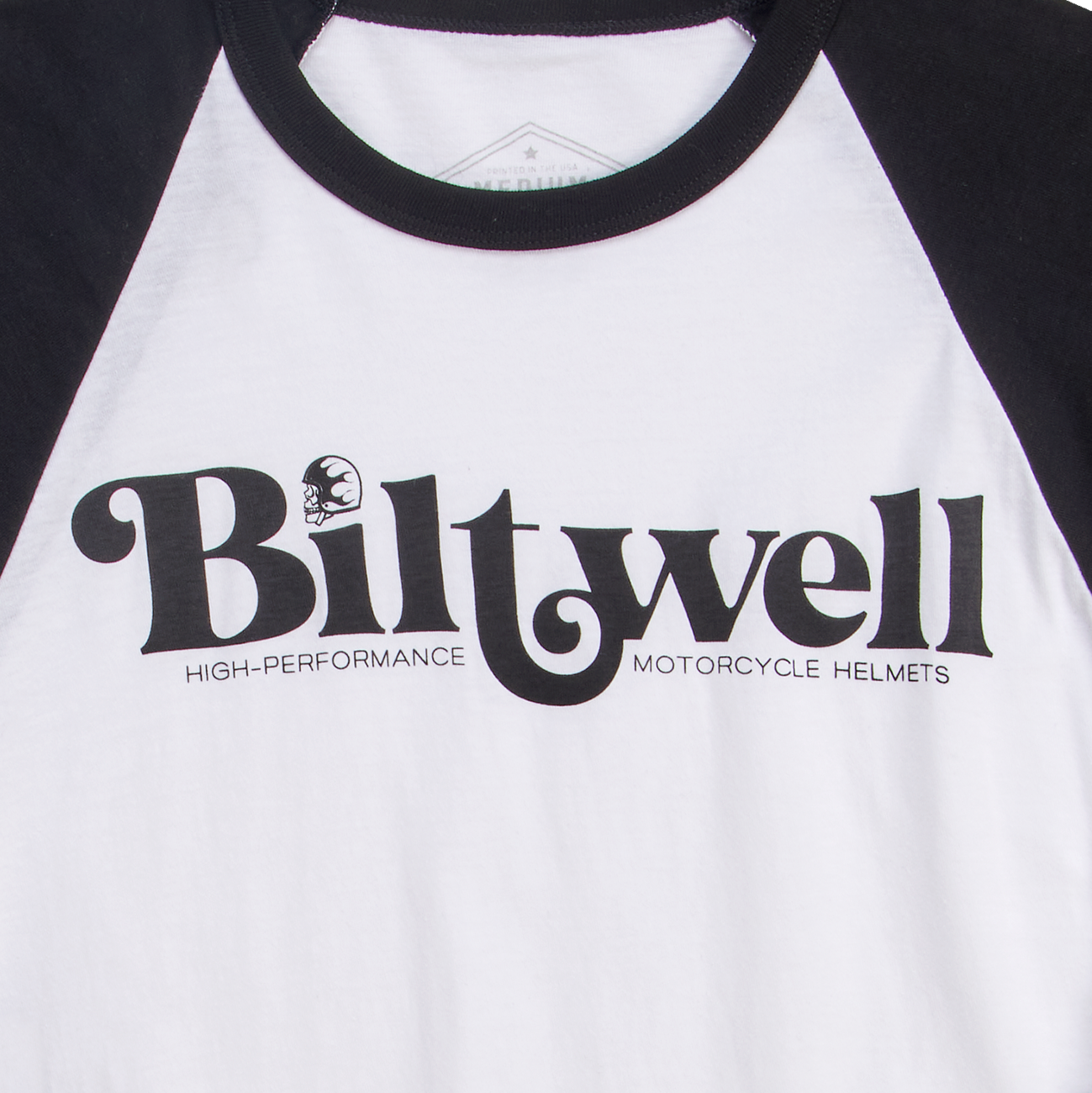 Black and white BILTWELL high-performance raglan T-shirt in 2XL, featuring the Bill's Exhausts logo on the front.