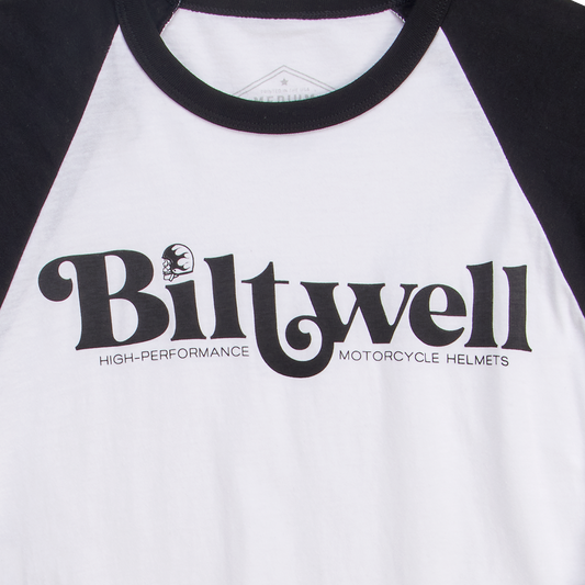 Bill's Exhausts BILTWELL high-performance black and white raglan T-shirt, small size, front view showing fabric details.