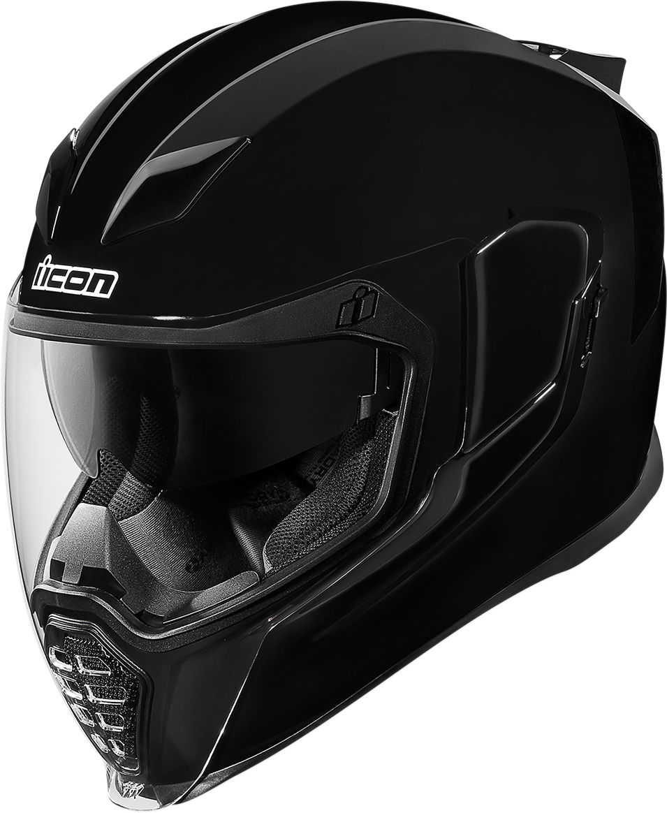 Black gloss ICON Airflite helmet in small size, featuring a sleek aerodynamic design and clear visor for motorcycle riding.