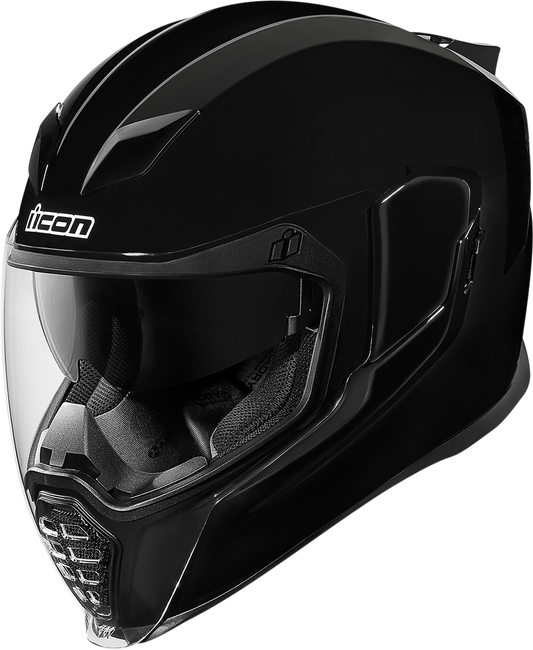 Black gloss ICON Airflite helmet in small size, featuring a sleek aerodynamic design and clear visor for motorcycle riding.
