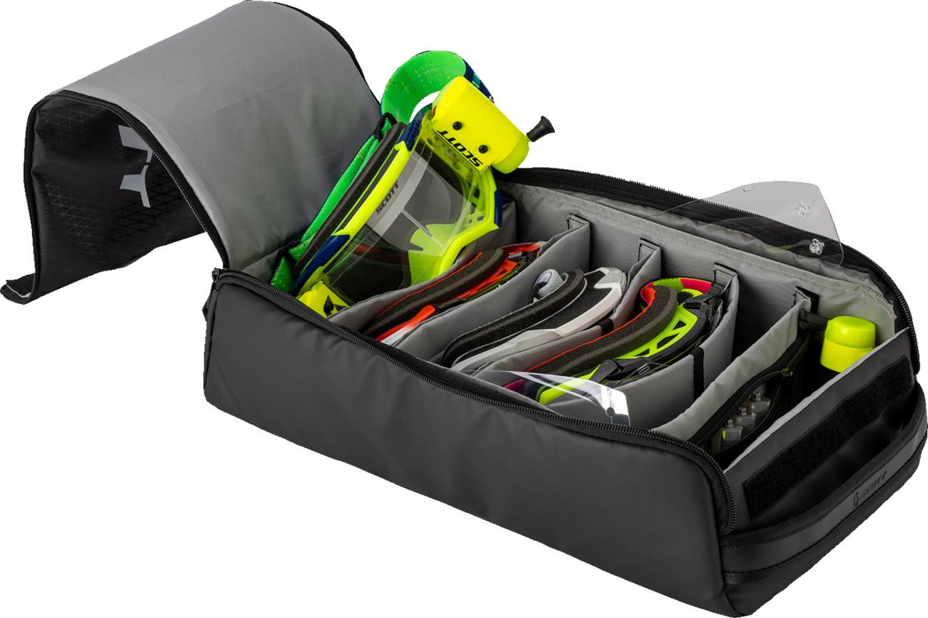 Black Scott goggle case holding six pairs, designed for safe storage and protection of goggles and small engine accessories.