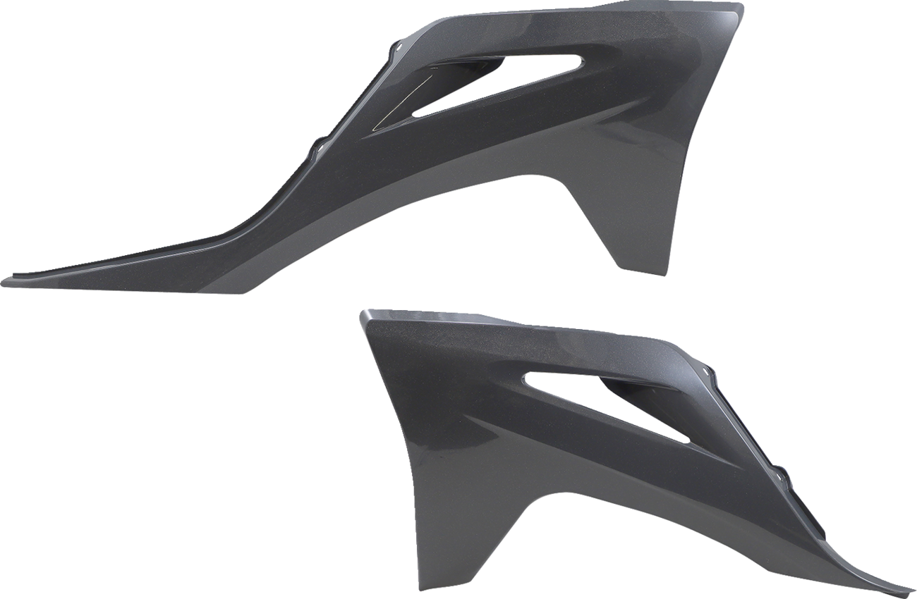Gray metallic ACERBIS radiator shrouds for body, designed for motorcycle cooling system, with visible mounting points and vents.