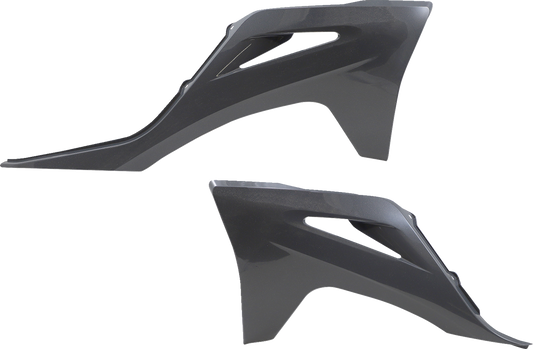 Gray metallic ACERBIS radiator shrouds for body, designed for motorcycle cooling system, with visible mounting points and vents.