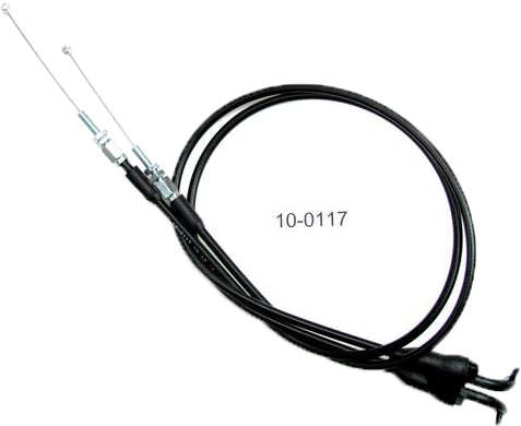 Motion Pro black vinyl throttle push pull cable set, part #10-0117, showing the flexible cables with metal fittings and black outer coating.