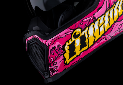 Pink ICON Airflite™ Helmet with Snack Attack design, MIPS® safety system, medium size, featuring sleek aerodynamic shape.