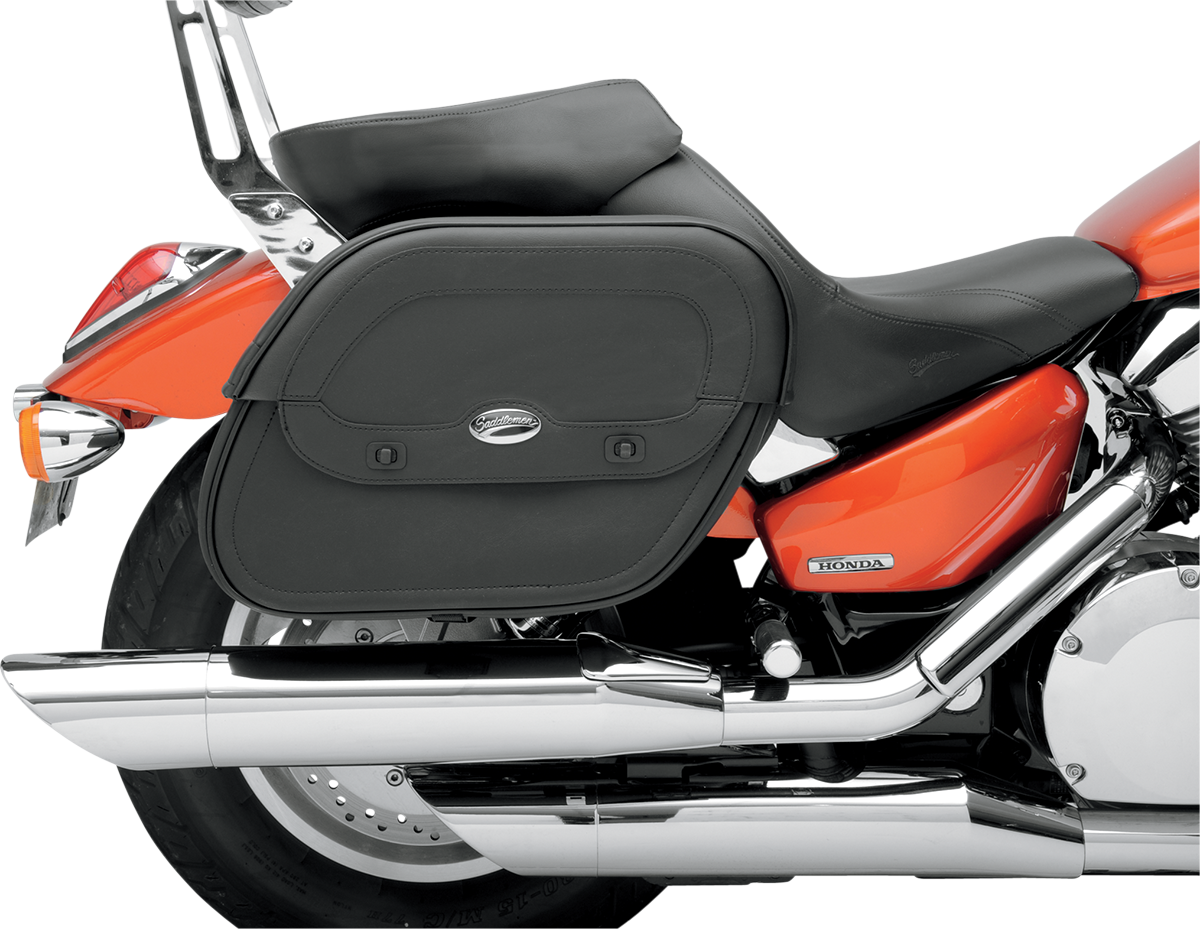 Cruis'n Saddlebags with shock cut-out design from SADDLEMEN, mounted on a motorcycle seat, showcasing durable black leather and stylish details.