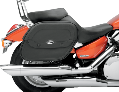 Cruis'n Saddlebags with shock cut-out design from SADDLEMEN, mounted on a motorcycle seat, showcasing durable black leather and stylish details.