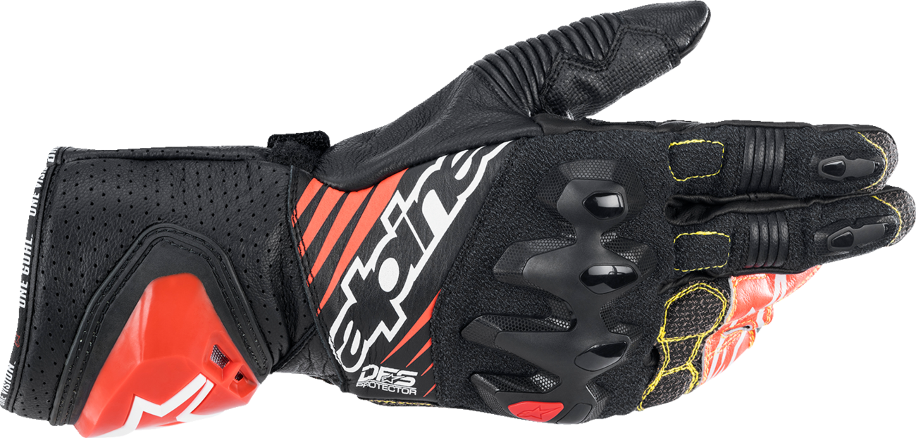Alpinestars GP Tech V2 S motorcycle gloves in black, white, and fluo red with reinforced knuckles and adjustable wrist strap.
