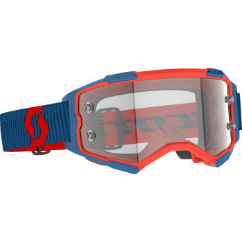 Scott Fury goggle in dark blue and neon red with clear lens, featuring a sleek sports design and adjustable strap.