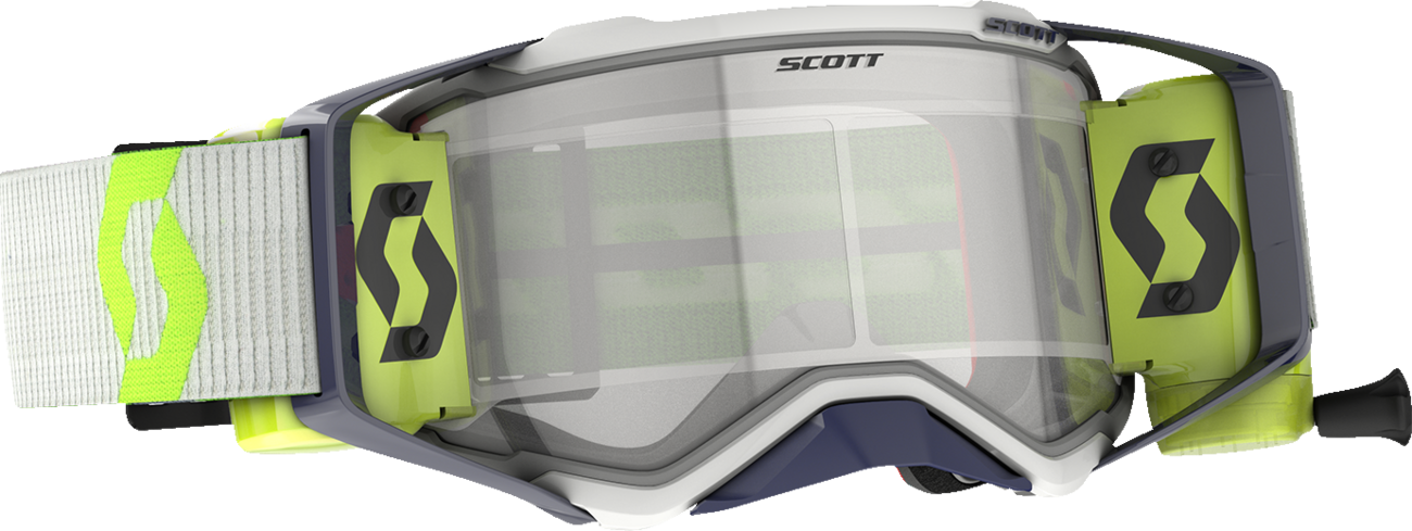 Scott Prospect WFS goggles in gray and yellow with clear lenses, designed for off-road riding and motorcycle safety.