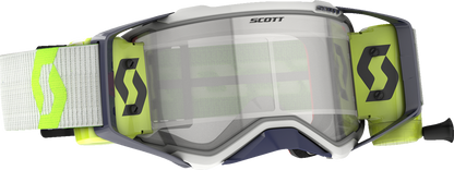 Scott Prospect WFS goggles in gray and yellow with clear lenses, designed for off-road riding and motorcycle safety.
