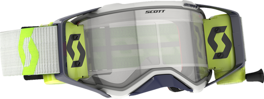 Scott Prospect WFS goggles in gray and yellow with clear lenses, designed for off-road riding and motorcycle safety.