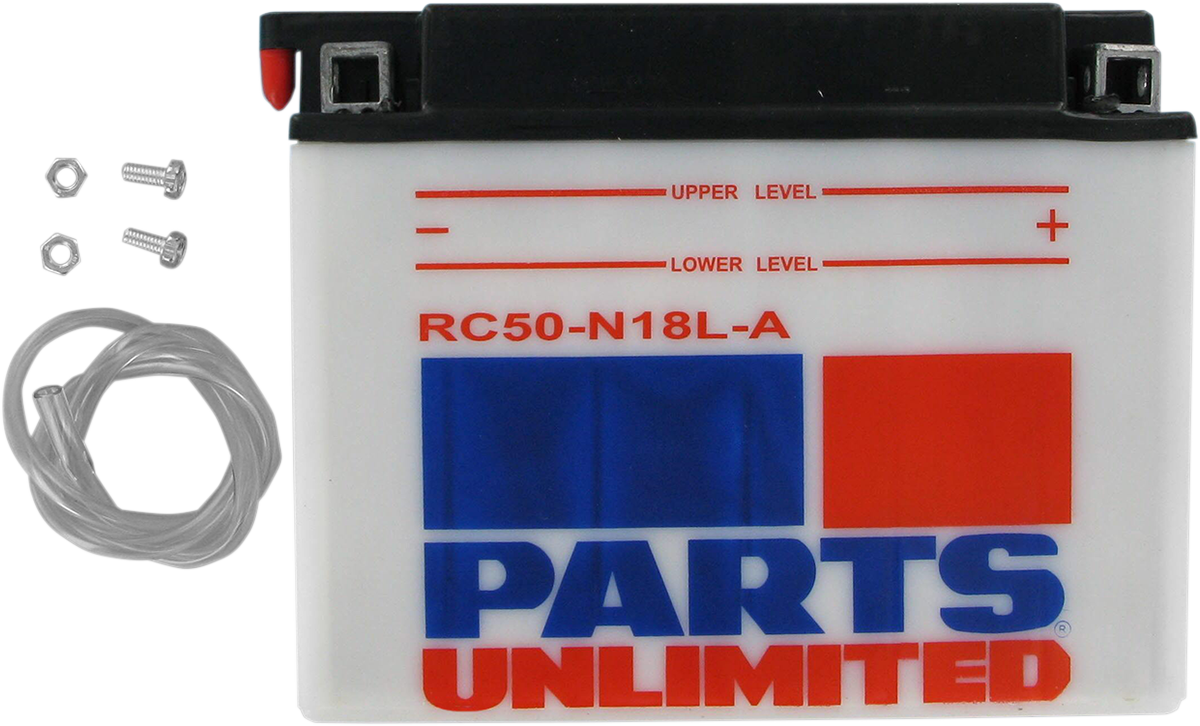 Heavy-duty Parts Unlimited Y50-N18L-A and C50-N18L-A batteries providing reliable power for motorcycles or vehicles.