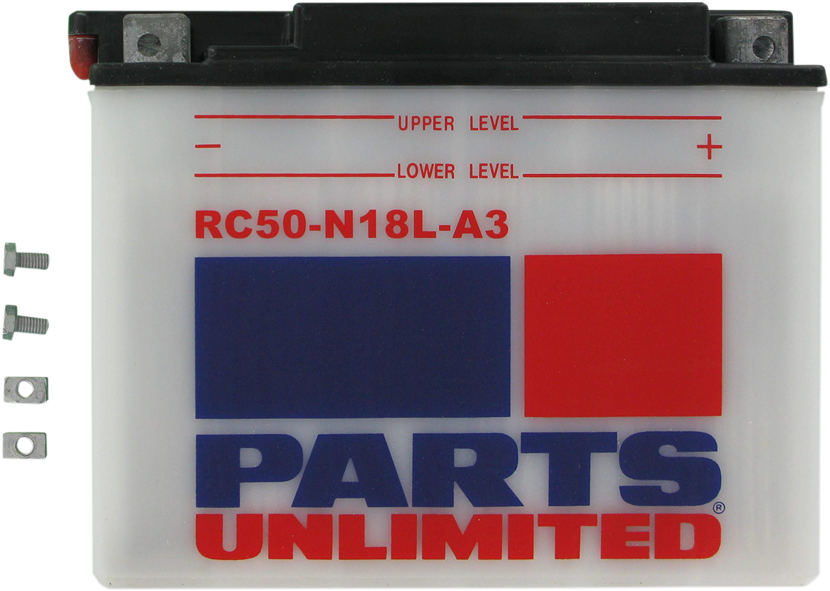 Parts Unlimited RC50-N18L-A3 heavy-duty motorcycle battery providing reliable starting power in a compact design.