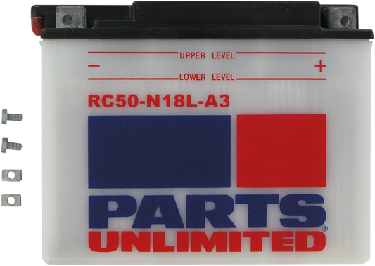 Parts Unlimited RC50-N18L-A3 heavy-duty motorcycle battery providing reliable starting power in a compact design.