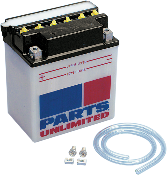 Parts Unlimited heavy-duty motorcycle battery YB10A-A2 CB10A-A2 showing terminals and compact design for reliable powersports energy.