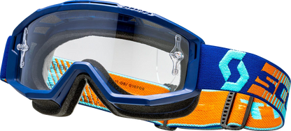 Scott Split OTG goggles in royal blue and orange with clear lenses, designed for comfortable over-the-glasses wear.