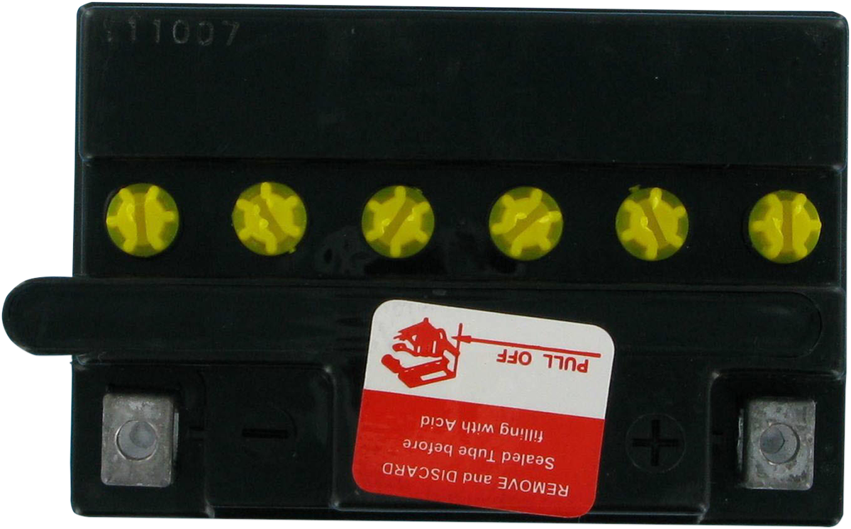 Heavy-duty motorcycle battery by Parts Unlimited, model YB10L-A2 CB10L-A2, with black casing and terminal posts visible.