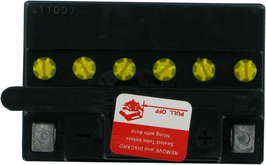 Heavy-duty motorcycle battery by Parts Unlimited, model YB10L-A2 CB10L-A2, with black casing and terminal posts visible.