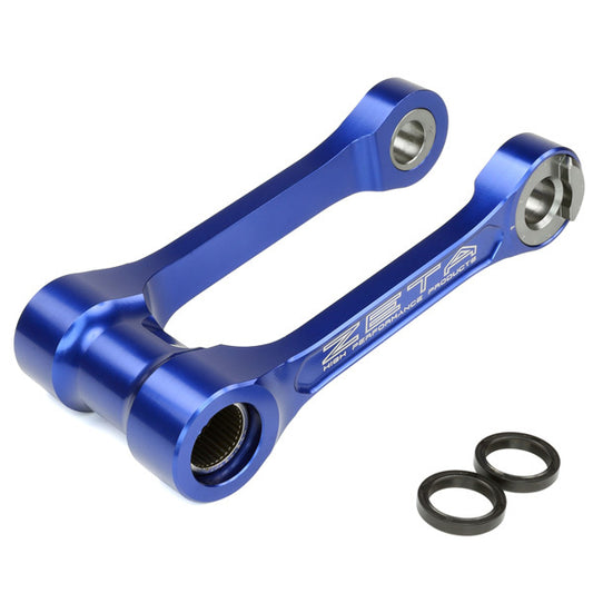 ZETA adjustable lowering link for Yamaha motorcycles, showing the black metal part with mounting holes and brand logo.