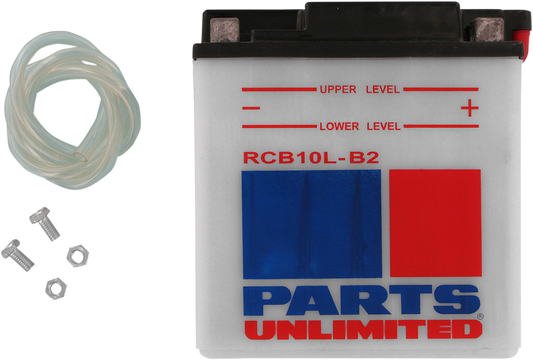 Heavy-duty motorcycle battery by PARTS UNLIMITED with anti-sulfation technology, designed for reliable power and durability.