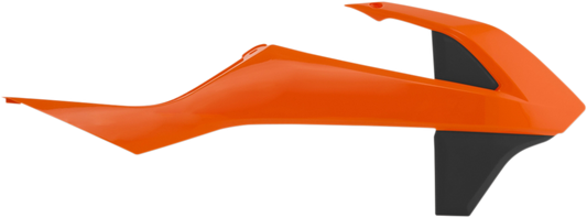 ACERBIS radiator shrouds in orange and black, designed for motorcycle body protection, with visible mounting points and sleek finish.