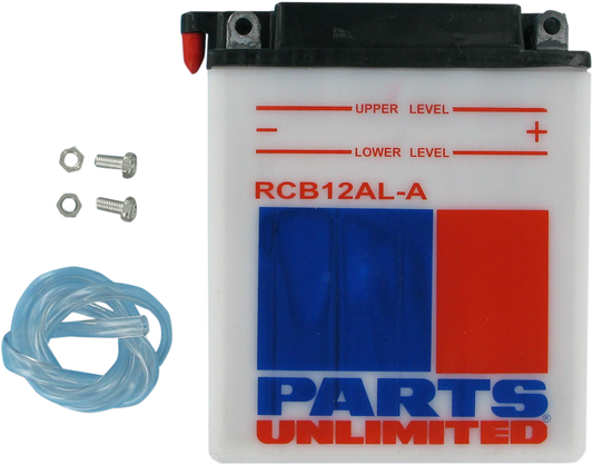 Heavy-duty motorcycle battery from PARTS UNLIMITED, model YB12AL-A CB12AL-A, with visible terminals and durable casing.
