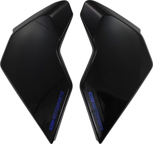 Blue ICON Airflite™ Side Plates for Crosslink helmets, featuring detailed design and branding, compatible with Bill's Exhausts.