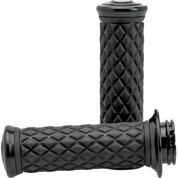 Black Alumicore grips from BILTWELL for motorcycle handlebars, featuring a textured surface and ergonomic design.