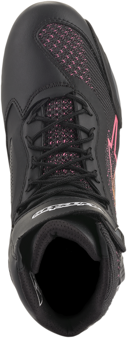 Alpinestars Stella Faster-3 Rideknit shoes in black, yellow, and pink for women, US size 11.5, with sporty design.