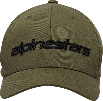 Black ALPINESTARS Linear Hat in military style with L/XL size, featuring a structured design and brand logo on the front.
