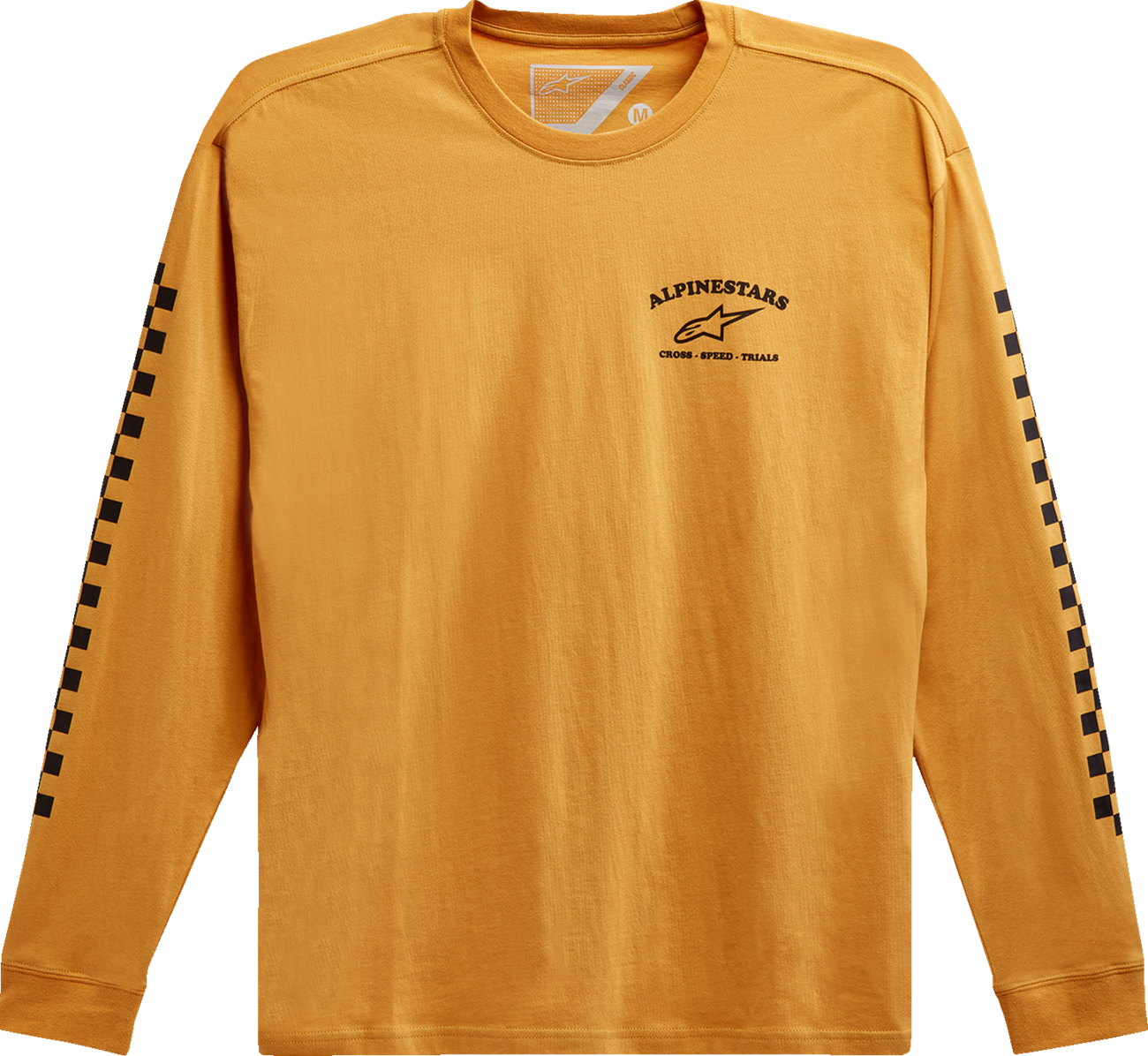 Bill's Exhausts Alpinstars Sunday long-sleeve T-shirt in gold, medium size, featuring a casual fit and brand logo on the chest.