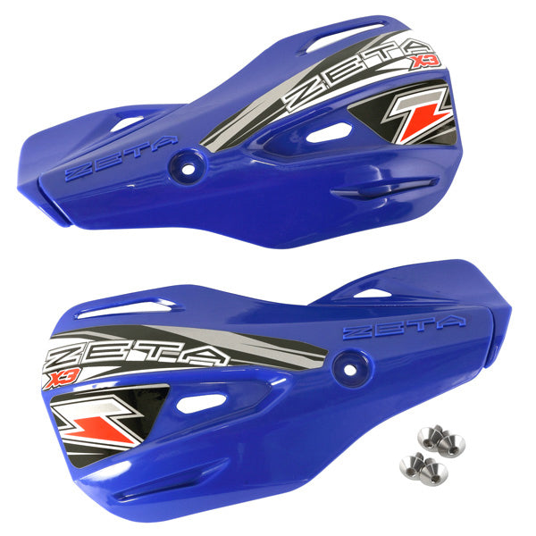 Blue ZETA ZETA X3 handguard shield with adjustable master cylinder guard, part ZE72-0404, mounted on motorcycle handlebar.
