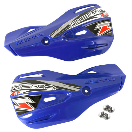 Blue ZETA ZETA X3 handguard shield with adjustable master cylinder guard, part ZE72-0404, mounted on motorcycle handlebar.