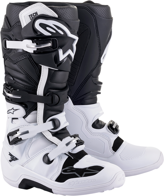 Alpinestars Tech 7 motorcycle boots in white and black, US size 9, featuring protective design and sturdy construction.