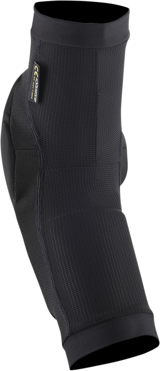 Alpinestars Youth Paragon Plus black and white protective elbow guards, size S/M, with padded design for motocross or biking safety.