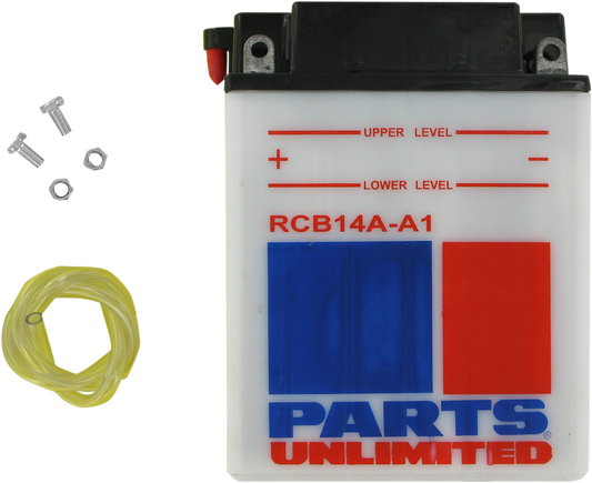 Heavy-duty motorcycle battery by PARTS UNLIMITED featuring anti-sulfation technology, model RCB14A-A1, with positive and negative terminals visible.