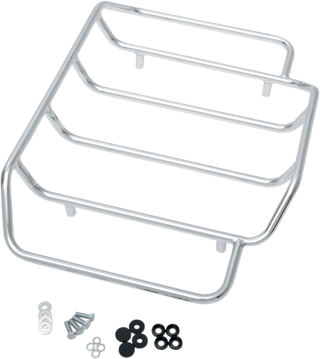 Chrome Drag Specialties Harley-Davidson Tour-Pak luggage rack for King, Chopped, or Razor Tour-Pak models, shown on motorcycle.